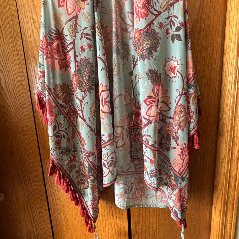 Soft Surroundings Ruana topper with Tassels and shells in a soft sea green